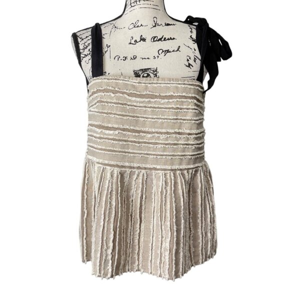 Anthropologie Maeve Soeli Textured Fringe Tank Top Black Ribbon Strap Size M - Picture 2 of 8